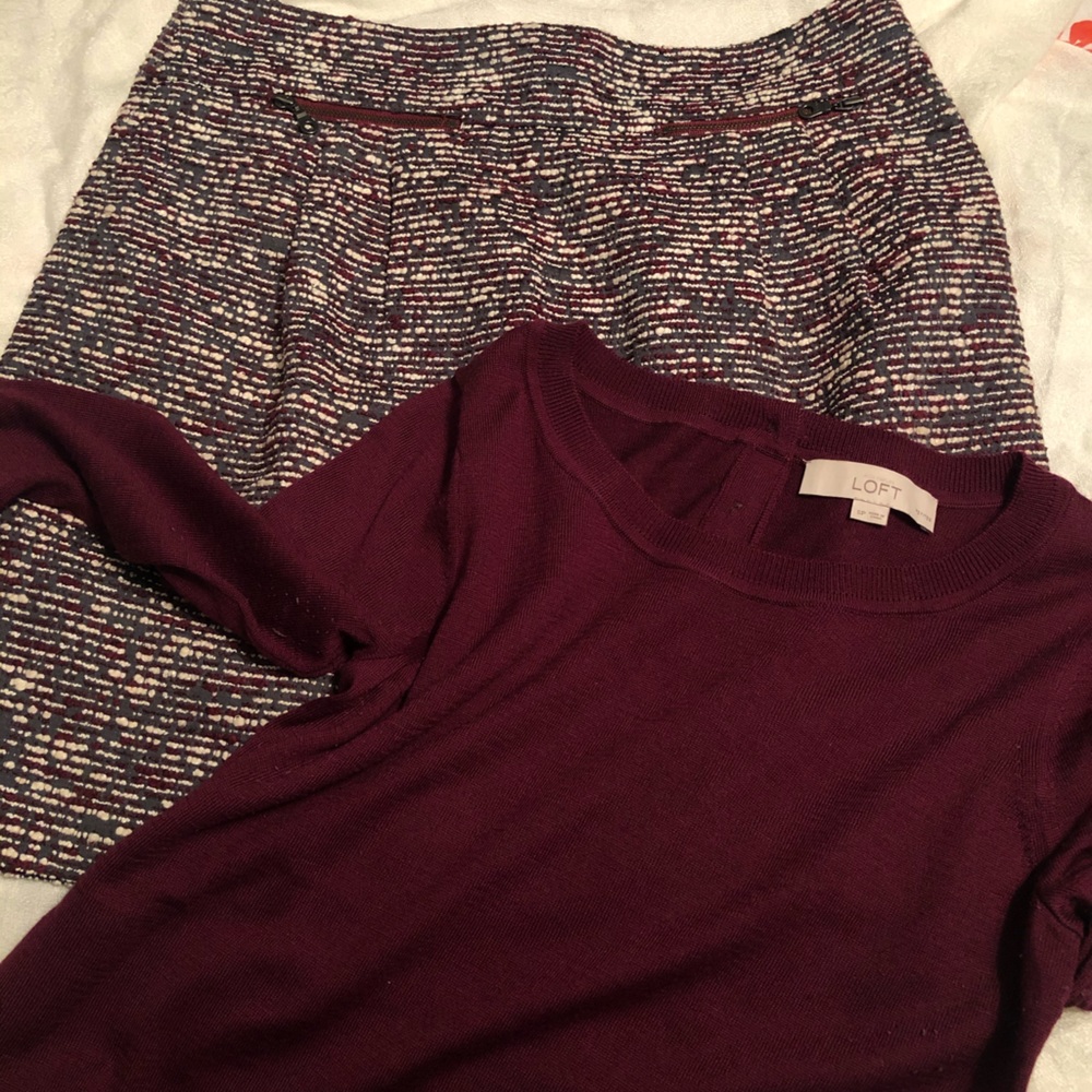 LOFT Maroon sweater and textured skirt (set)